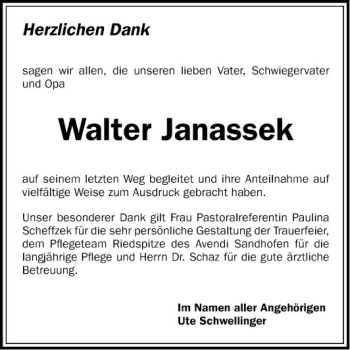 Traueranzeige von Walter Janassek von Mannheimer Morgen