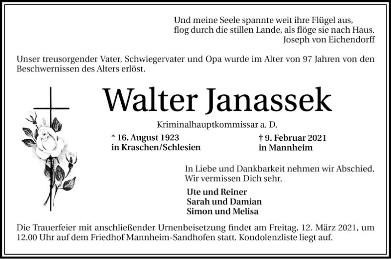  Traueranzeige für Walter Janassek vom 06.03.2021 aus Mannheimer Morgen