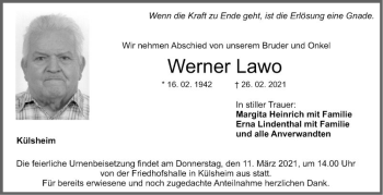 Traueranzeige von Werner Lawo von Fränkische Nachrichten
