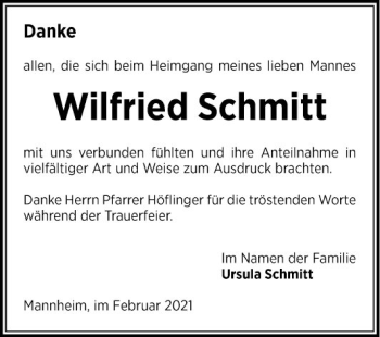 Traueranzeige von Wilfried Schmitt von Mannheimer Morgen