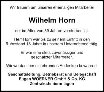 Traueranzeige von Wilhelm Horn von Fränkische Nachrichten