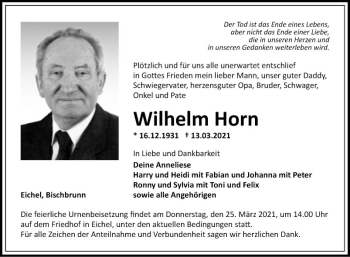 Traueranzeige von Wilhelm Horn von Fränkische Nachrichten