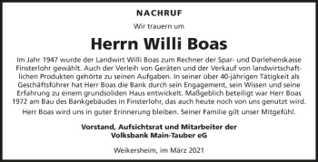 Traueranzeige von Willi Boas von Fränkische Nachrichten