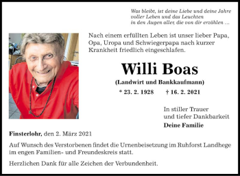 Traueranzeige von Willi Boas von Fränkische Nachrichten