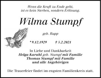 Traueranzeige von Wilma Stumpf von Mannheimer Morgen