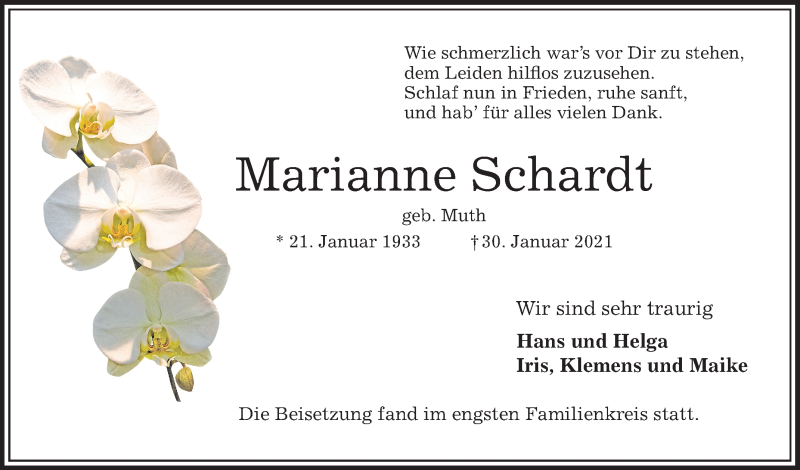  Traueranzeige für Marianne Schardt vom 13.02.2021 aus MANNHEIMER MORGEN