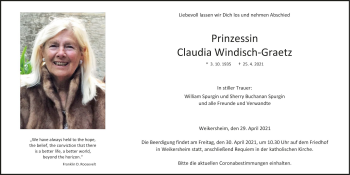 Traueranzeige von Claudia Windisch-Graetz von Fränkische Nachrichten
