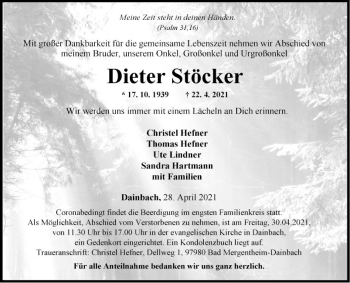 Traueranzeige von Dieter Stöcker von Fränkische Nachrichten