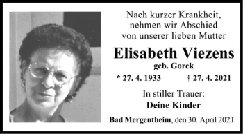 Traueranzeige von Elisabeth Viezens von Fränkische Nachrichten