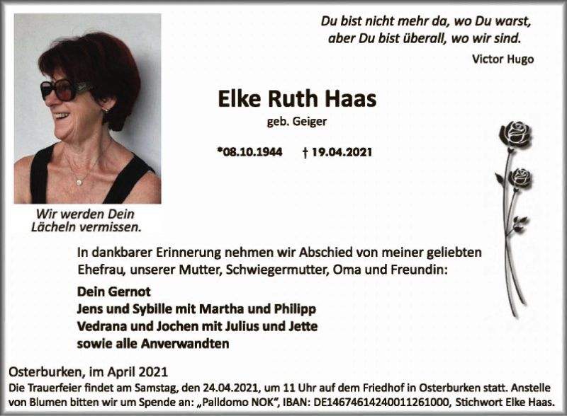  Traueranzeige für Elke Ruth Haas vom 21.04.2021 aus Fränkische Nachrichten