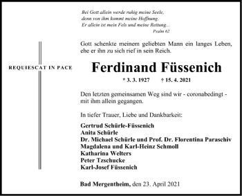 Traueranzeige von Ferdinand Füssenich von Fränkische Nachrichten