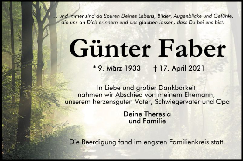 Traueranzeige für Günter Faber vom 30.04.2021 aus Südhessen Morgen