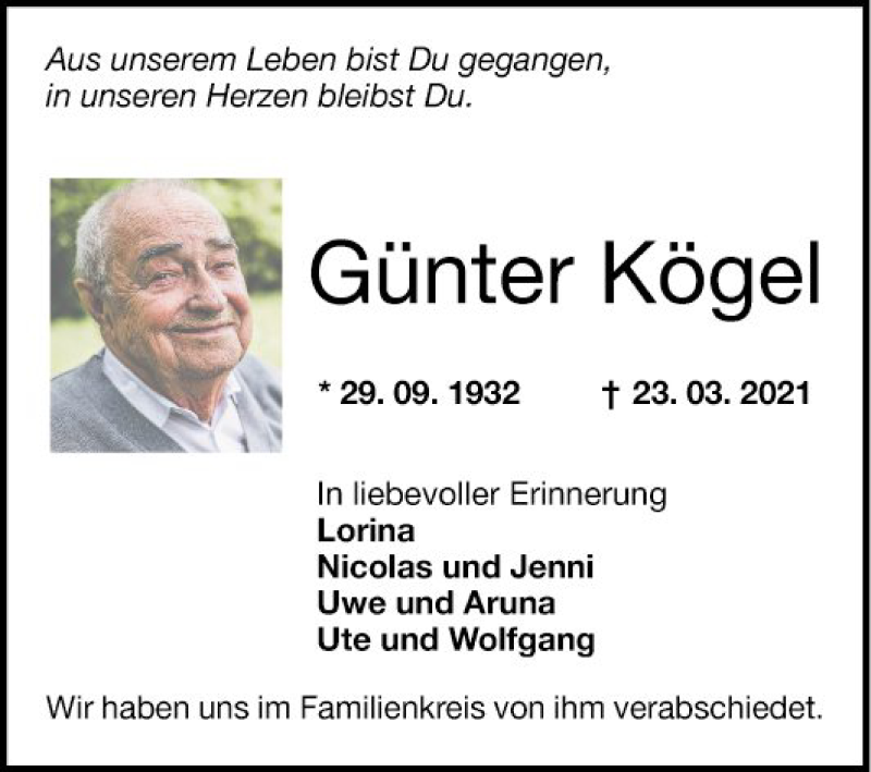  Traueranzeige für Günter Kögel vom 03.04.2021 aus Mannheimer Morgen