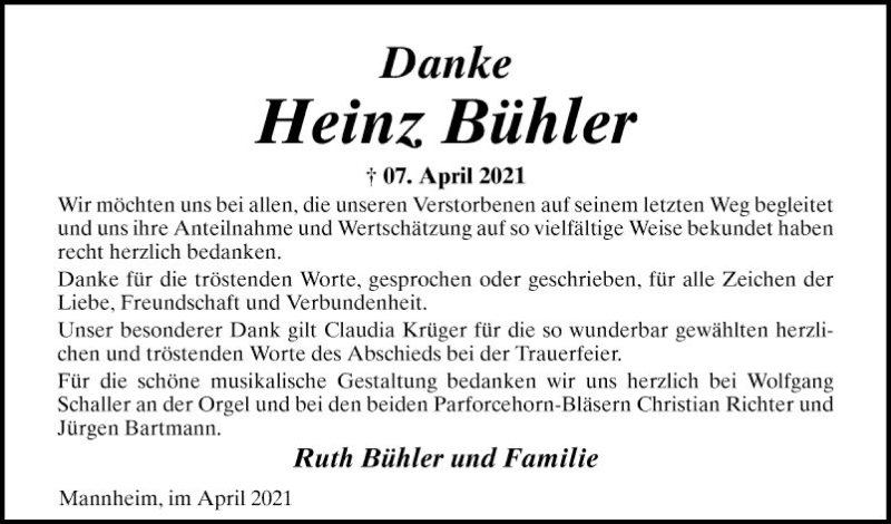  Traueranzeige für Heinz Bühler vom 30.04.2021 aus Mannheimer Morgen