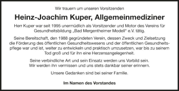 Traueranzeige von Heinz-Joachim Kuper von Fränkische Nachrichten