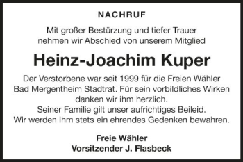 Traueranzeige von Heinz-Joachim Kuper von Fränkische Nachrichten