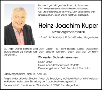 Traueranzeige von Heinz-Joachim Kuper von Fränkische Nachrichten