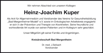 Traueranzeige von Heinz-Joachim Kuper von Fränkische Nachrichten
