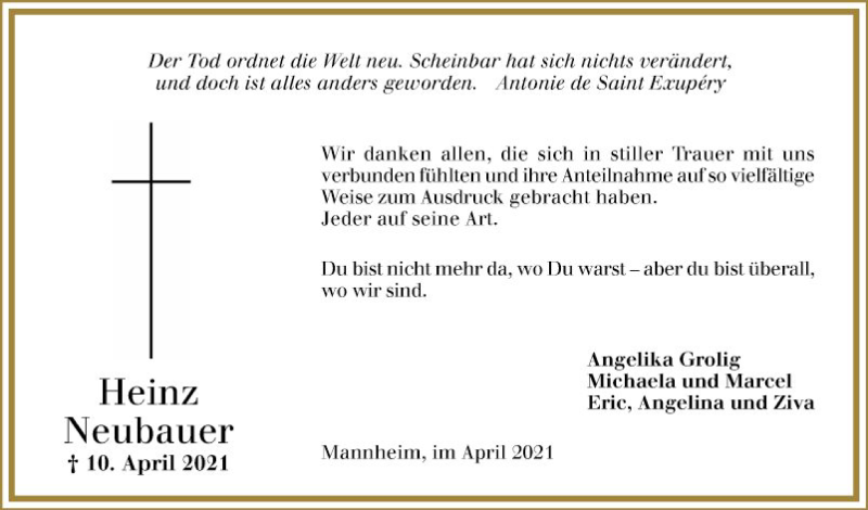  Traueranzeige für Heinz Neubauer vom 30.04.2021 aus Mannheimer Morgen