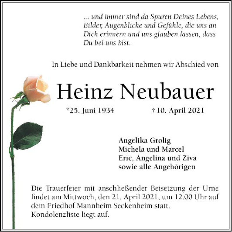  Traueranzeige für Heinz Neubauer vom 17.04.2021 aus Mannheimer Morgen