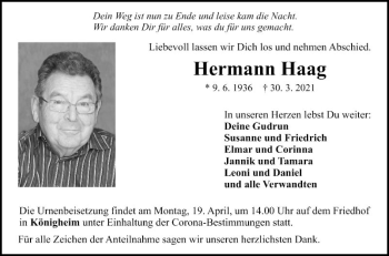Traueranzeige von Hermann Haag von Fränkische Nachrichten