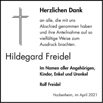Traueranzeige von Hildegard Freidel von Schwetzinger Zeitung
