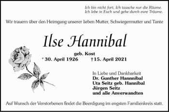 Traueranzeige von Ilse Hannibal von Mannheimer Morgen