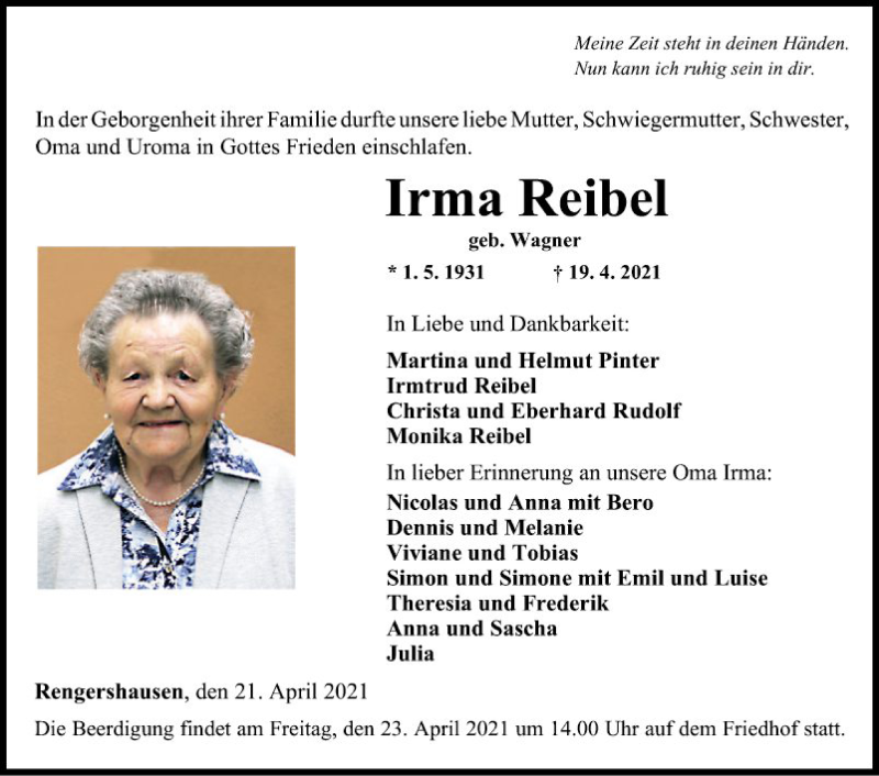  Traueranzeige für Irma Reibel vom 21.04.2021 aus Fränkische Nachrichten