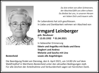 Traueranzeige von Irmgard Leinberger von Fränkische Nachrichten