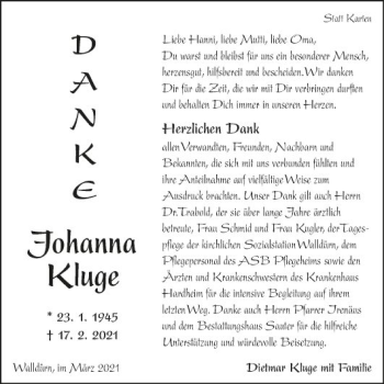 Traueranzeige von Johanna Kluge von Fränkische Nachrichten