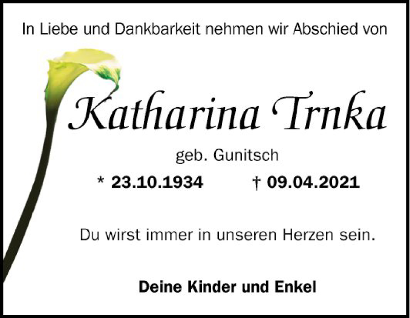  Traueranzeige für Katharina Trnka vom 17.04.2021 aus Mannheimer Morgen