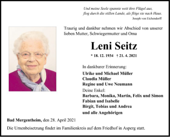 Traueranzeige von Leni Seitz von Fränkische Nachrichten