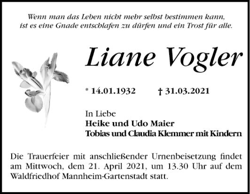  Traueranzeige für Liane Vogler vom 17.04.2021 aus Mannheimer Morgen