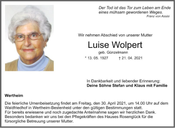 Traueranzeige von Luise Wolpert von Fränkische Nachrichten
