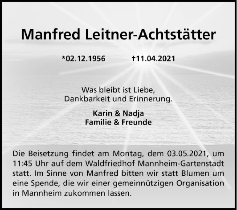  Traueranzeige für Manfred Leitner-Achtstätter vom 24.04.2021 aus Mannheimer Morgen