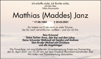 Traueranzeige von Matthias  Janz von Mannheimer Morgen