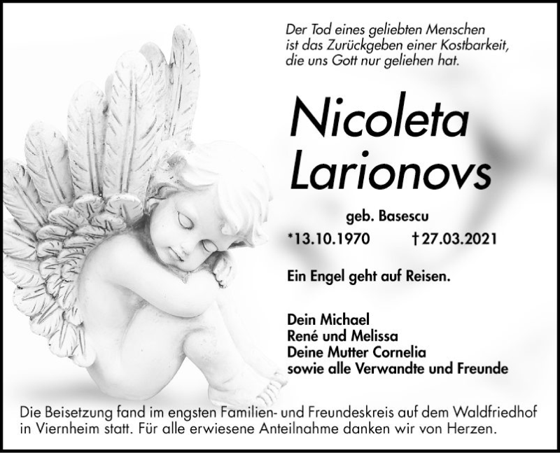  Traueranzeige für Nicoleta Larionovs vom 10.04.2021 aus Südhessen Morgen