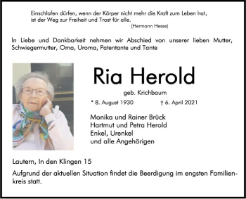 Traueranzeige von Ria Herold von Bergsträßer Anzeiger