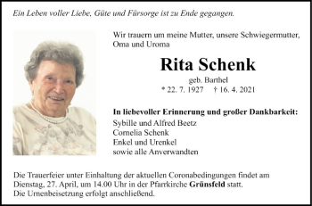 Traueranzeige von Rita Schenk von Fränkische Nachrichten