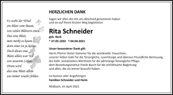 Traueranzeige von Rita Schneider von Fränkische Nachrichten