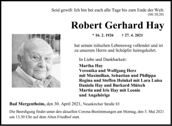 Traueranzeige von Robert Gerhard Hay von Fränkische Nachrichten