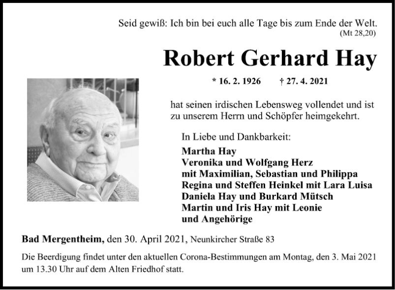  Traueranzeige für Robert Gerhard Hay vom 30.04.2021 aus Fränkische Nachrichten