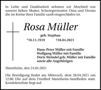 Traueranzeige von Rosa Müller von Mannheimer Morgen