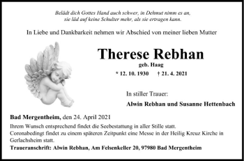 Traueranzeige von Therese Rebhan von Fränkische Nachrichten