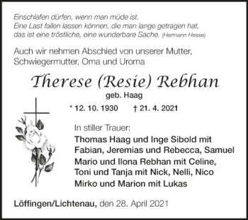 Traueranzeige von Therese Rebhan von Fränkische Nachrichten