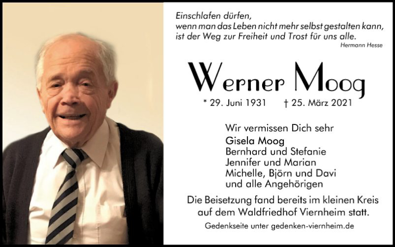  Traueranzeige für Werner Moog vom 10.04.2021 aus Südhessen Morgen
