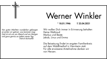 Traueranzeige von Werner Winkler von Südhessen Morgen