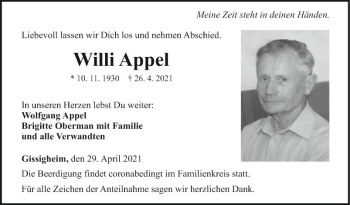 Traueranzeige von Willi Appel von Fränkische Nachrichten