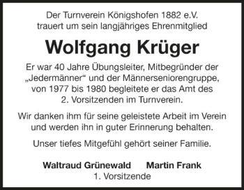 Traueranzeige von Wolfgang Krüger von Fränkische Nachrichten