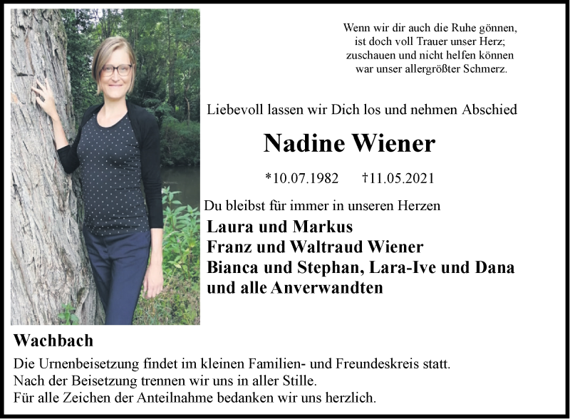  Traueranzeige für Nadine Wiener vom 15.05.2021 aus 